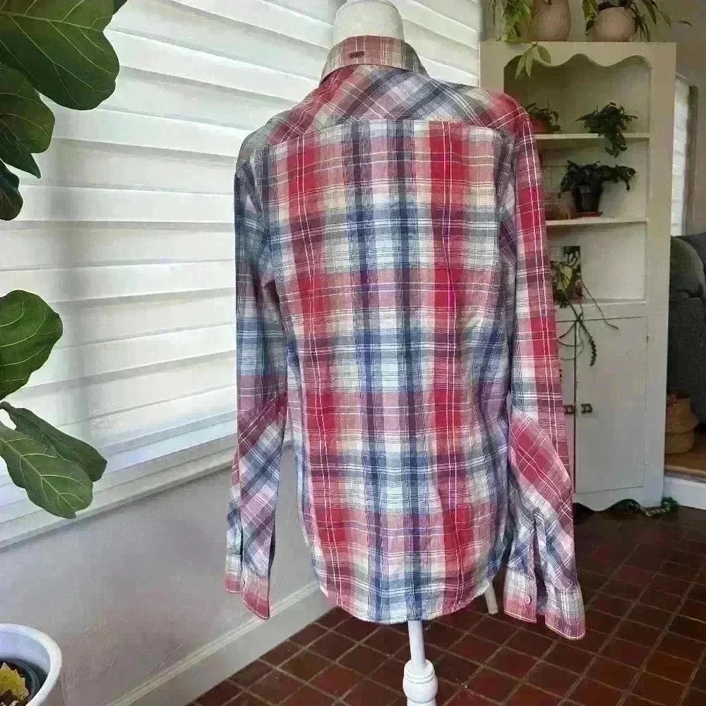 Guess Jeans Men's Clyde Plaid Button Pocket Shirt Long Sleeve Check Blue Size M - Picture 4 of 8